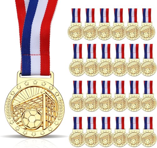 Cunno 24 Pcs Gold Award Medals - 2'' Basketball & Soccer Trophies with Ribbons for Sports Teams