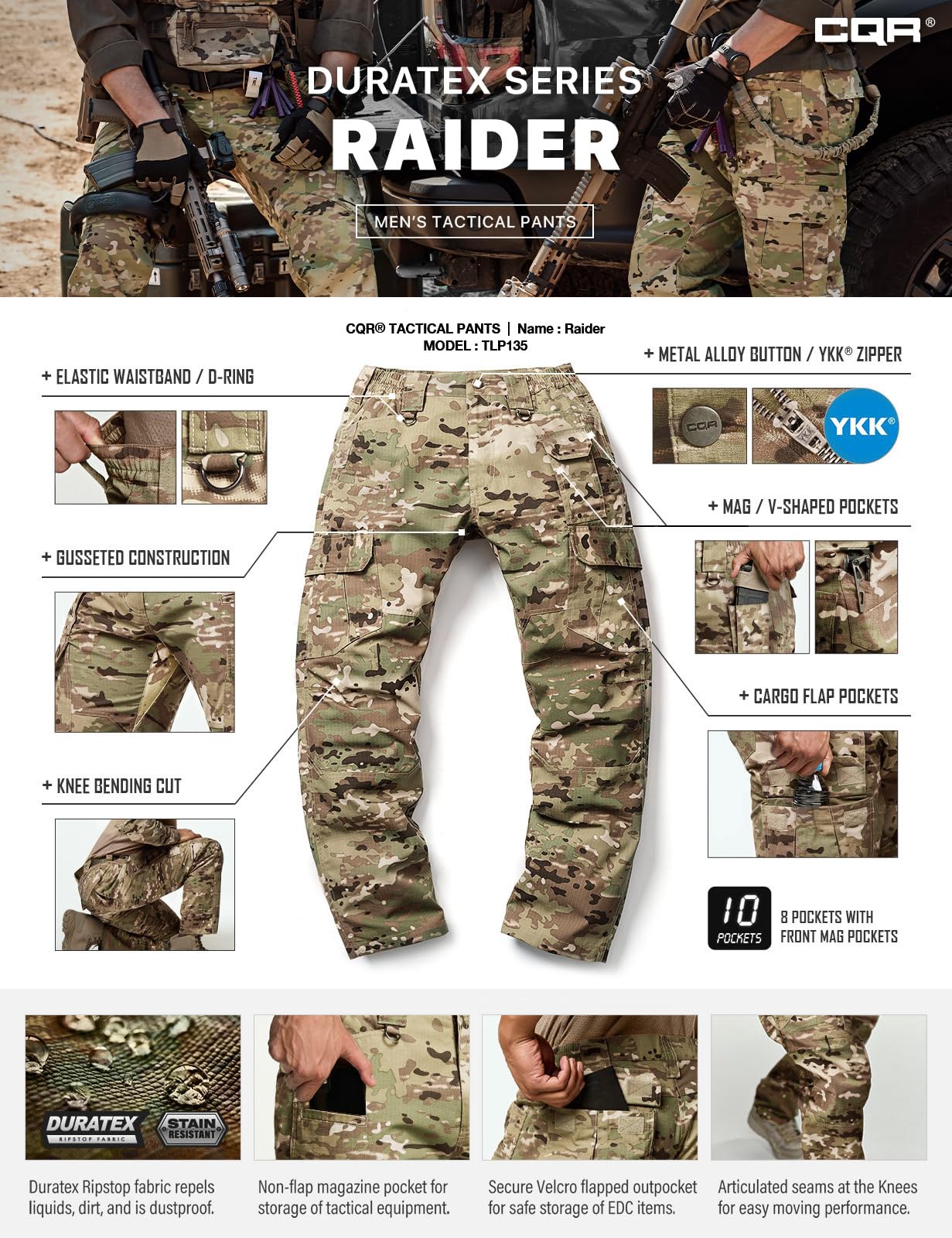 CQR Men's Tactical Pants, Water Resistant Ripstop Cargo Pants, Lightweight EDC Work Hiking Pants, Outdoor Apparel, Duratex Mag Pocket Utility Camo, 28W x 30L