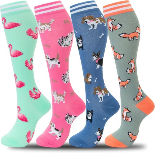 Fenglaoda Compression Socks - Knee High Support for Running & Travel | 4 Pairs for Men & Women