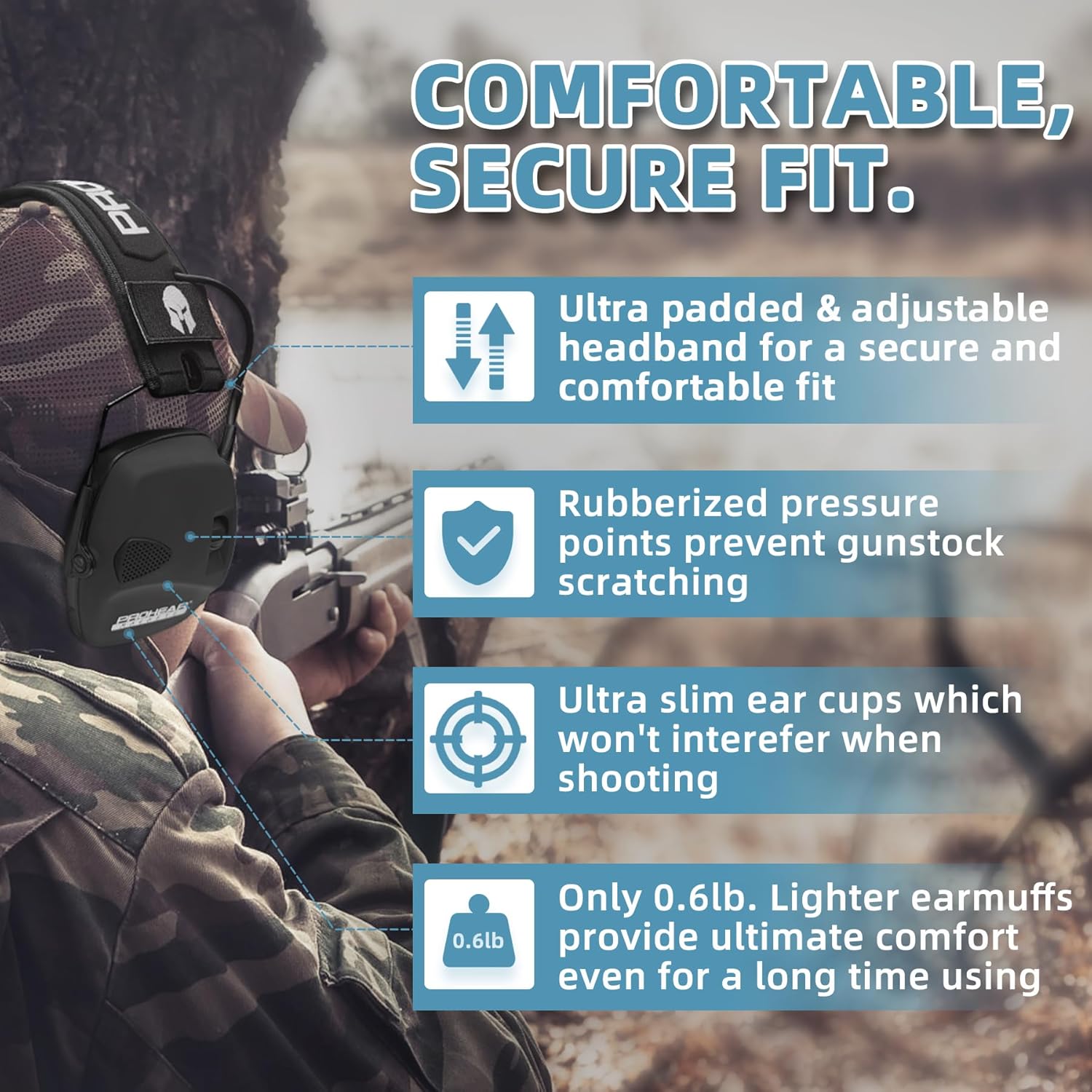 ProHear Electronic Ear Protection - Gel Pads & 4X Sound Amplification | NRR 23dB Noise Reduction Muffs for Shooting, Black
