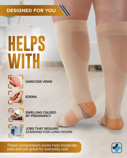Doctor's Select Copper Plus Size Compression Socks Wide Calf - 2 Pairs | 20-30mmHg Extra Wide Calf Compression Sock Women |Traveling & Running | Tan /cppr-3XL