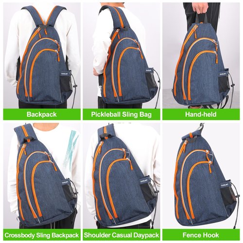 SUASLART Pickleball Bag for Men Women, Pickleball Backpack, Tennis Bag, Reversible Crossbody Sling Bag, Racket, Pickleball Paddle Bag with Fence Hook, Water Bottle Holder