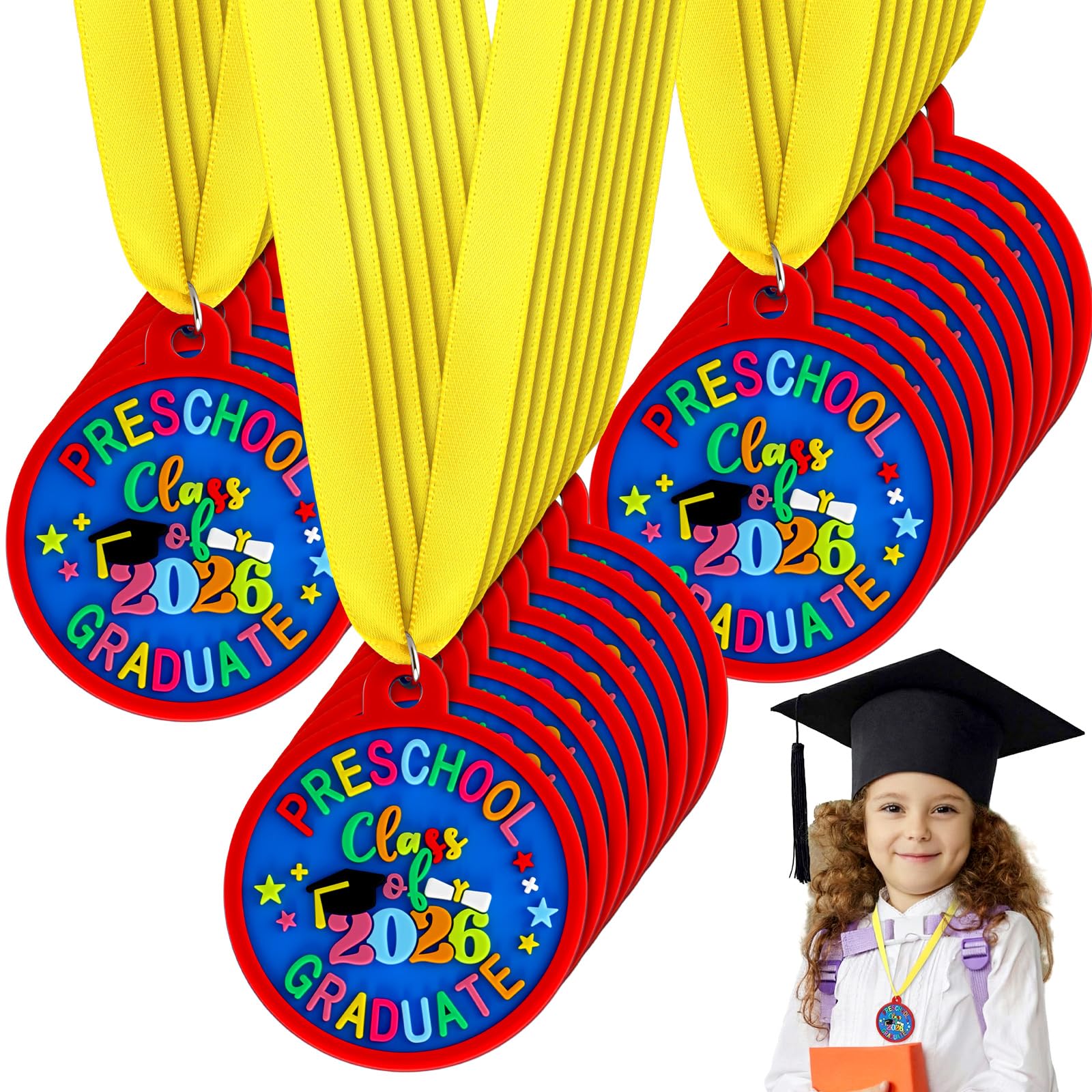Sratte 12 Pcs Kindergarten Preschool Graduation Medal for Kids Graduating Award Medals with Yellow Neck Ribbon for Students Graduation Party Favors Supplies, 2 Inch (Class of 2026)