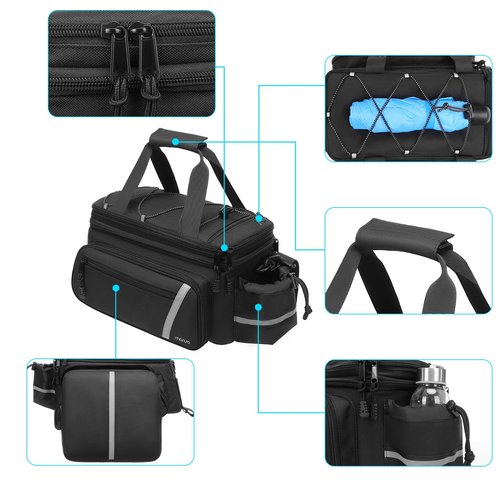 MOSISO Bike Rack Bag with Rain Cover, Bike Trunk Cooler Handag Insulated Bicycle Rear Seat Pouch with 2 Side Foldable Panniers, 8L Cycling Backseat Storage Cargo Saddle Shoulder Bag, Black
