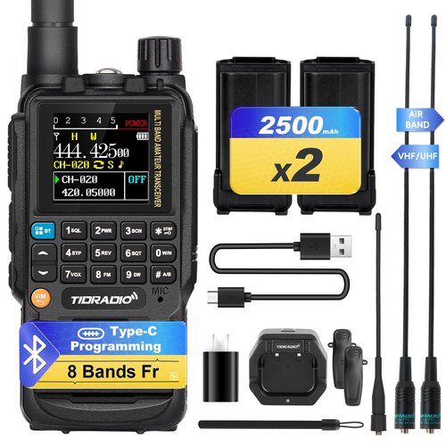 TIDRADIO TD-H3 Ham Radio Handheld(2PCS Batteries), 8-Bands, Wireless &Type C Programming, Frequency Match, Air Band &771 Long Antennas, Walkie Talkie Rechargeable Portable Two Way Radio Full Kit 1Pack