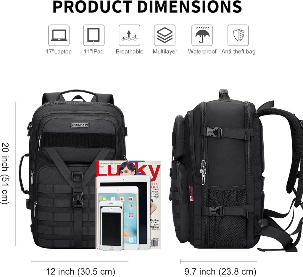 WITZMAN 45L Convertible Travel Backpack for Men - Airline Approved | Fits 17-Inch Laptop - Black