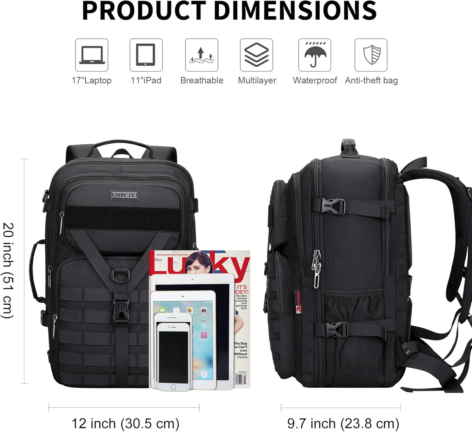 WITZMAN 45L Convertible Travel Backpack for Men - Airline Approved | Fits 17-Inch Laptop - Black