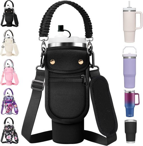 AceTreker Water Bottle Carrier Bag with Phone Pocket for Stanley 40/30 oz Tumbler Neoprene Insulated Mug Sleeve Pouch with 2 Pockets & Adjustable Strap & Straw Cover for Stanley Cup Accessories