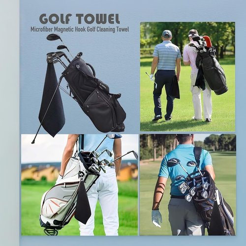 TinyCharms Magnetic Golf Towel, 16"x16" Black Microfiber, Strong Magnet & 3 Grommet Design, Carabiner Hook, Super Absorbent & Easy Clean, Golf Bag Accessory (Black, (16"*16") x2)
