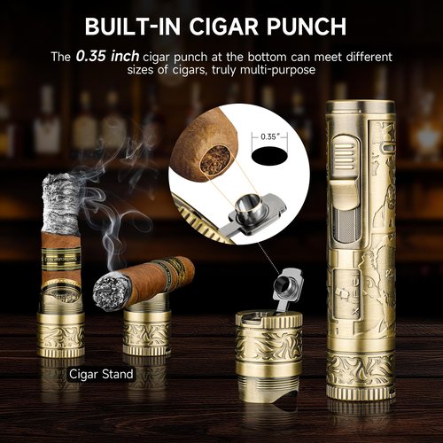 XIFEI Torch Lighter, 4-in-1 Cigar Lighter with Jet Flame, Punch, Holder, Draw Enhancer, Windproof Refillable Butane Lighters, Multi-Functional Cigar Accessories Gift for Men (Bronze)