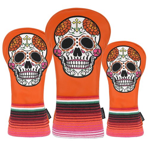 SHABIER Orange Golf Driver Headcover with Orange Flowers Embroidery Sugar Skull Design for Golf Driver Club