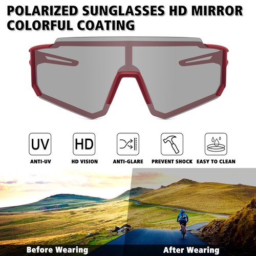 STORYCOAST Polarized Sports Sunglasses for Men Women,Driving Fishing Cycling Mountain Bike Sunglasses UV400 Protection Red Frame-Photochromic Lens