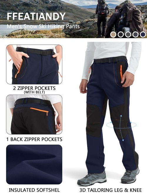 FFEATIANDY Men's Hiking Snow Ski Pants Softshell Fleece Lined Winter Water Repellent Outdoor Fishing Cargo Pants Navy XXL