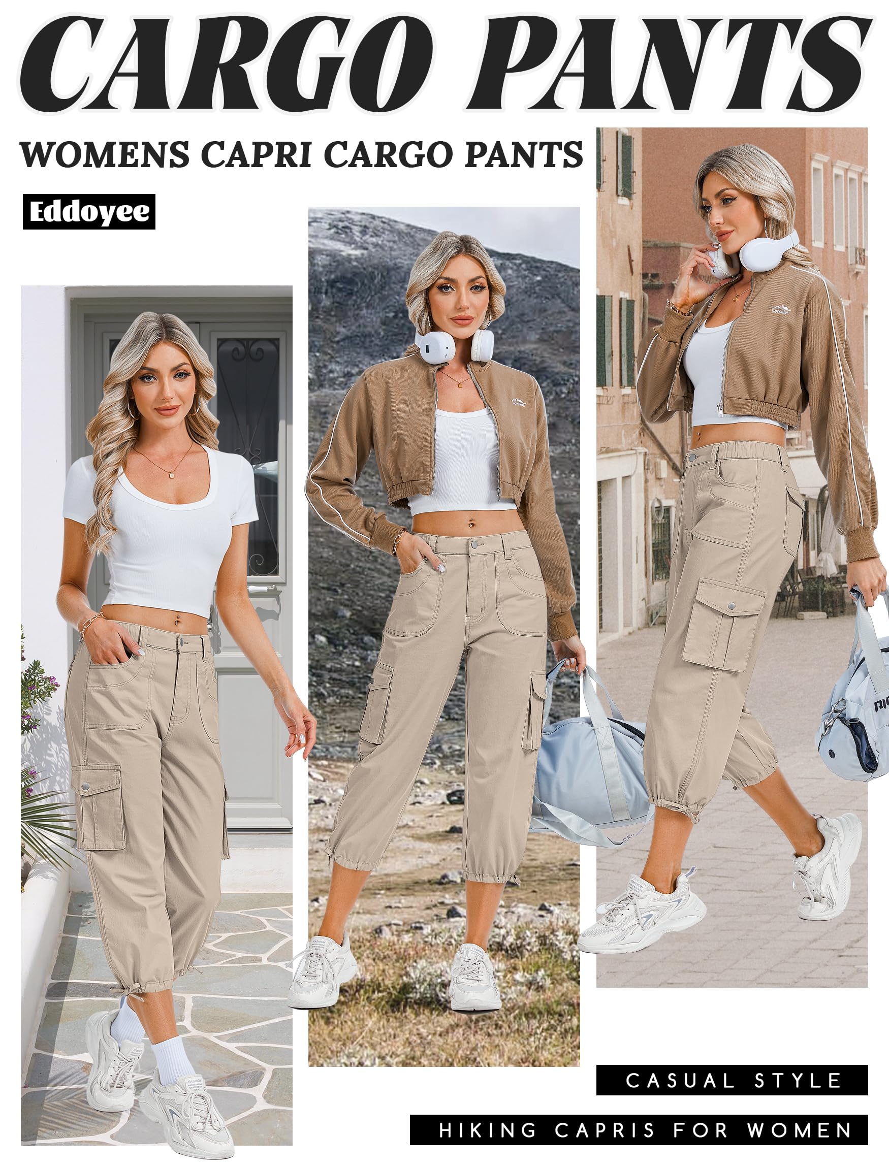 Eddoyee Cargo Capris for Women Pants Cotton Hiking Pants with 6 Pockets Elastic Waist Casual Summer Pants 2026 Khaki