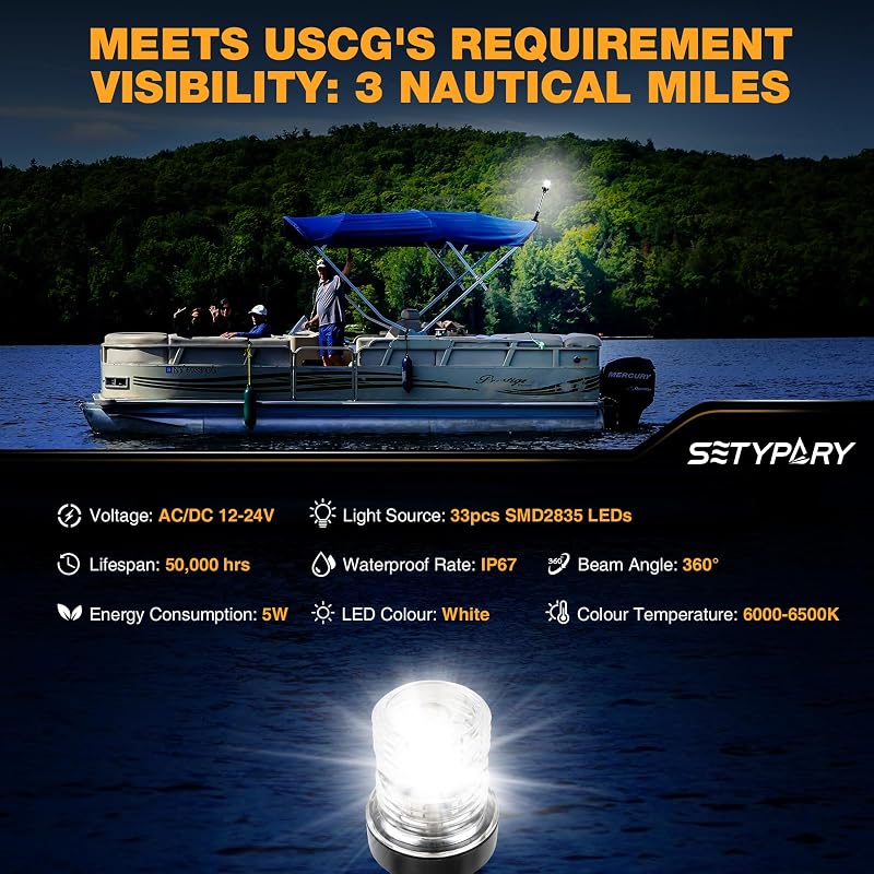 6 Inch Anchor Light LED Marine Stern Light 3NM 12-24V IP67 Fold-Down White