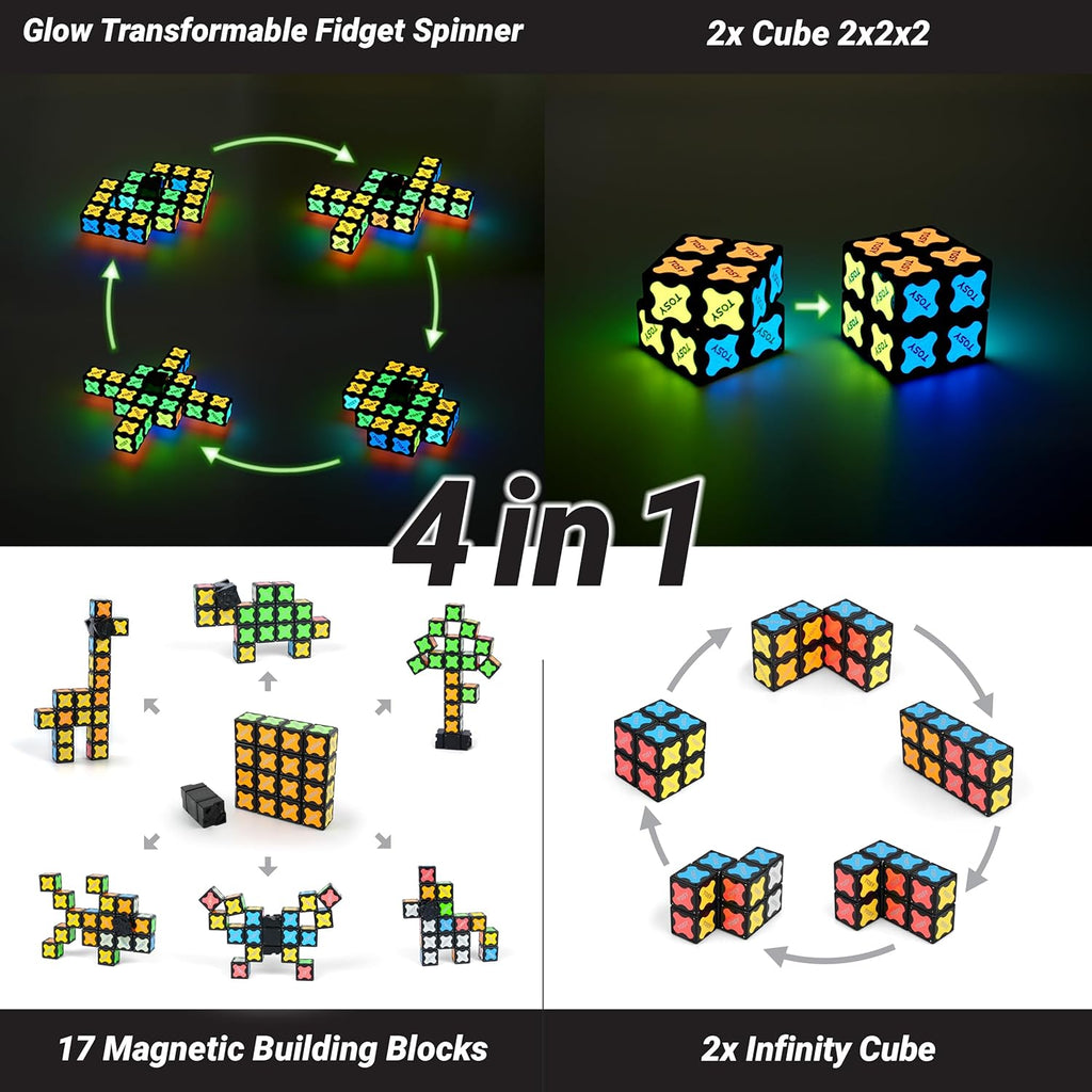 TOSY Magnet Fidget Spinner - Glow-in-the-Dark 3-in-1 Transformable Toy | Infinity Cube & Puzzle for Stress Relief