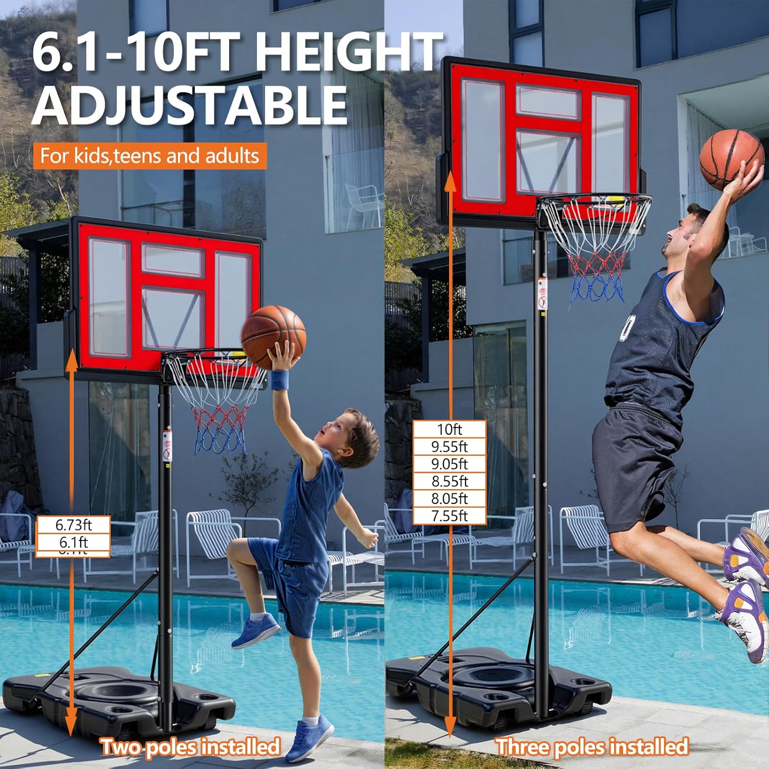 Sweetcrispy Portable Basketball Hoop - Adjustable Height, Shatterproof Backboard & Shock Absorbent Rim | Ideal for Backyard or Driveway