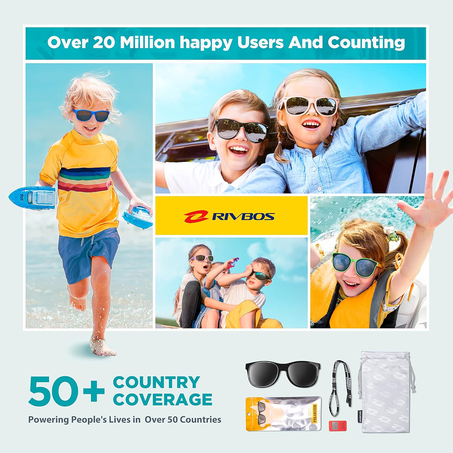 RIVBOS Kids Sunglasses - Polarized UV Protection with Flexible Rubber Strap | Stylish Shades for Boys & Girls