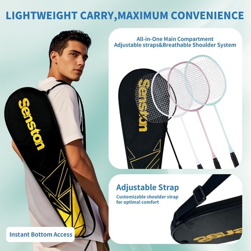 Senston Professional Badminton Rackets Set for Backyard - 4 Carbon Fiber Badminton Racket, 6 Birdies, 4 Grips & Carrying Bag for Adult Family Beginner Outdoor Game | 90g Lightweight