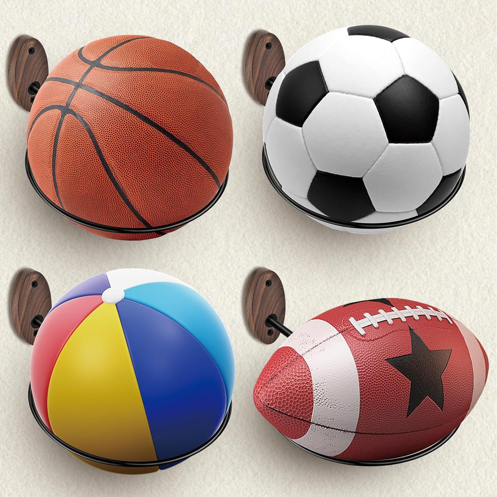 Skiennix Basketball Holder Wall Mount - Stylish Black Walnut Storage for Basketball, Football & More | 4 Pack