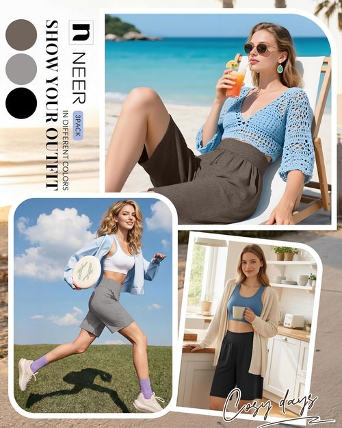 Neer Women's Bermuda Shorts - High Waist Stretch Casual Knee-Length Athletic Shorts with Pockets | 3 Pack
