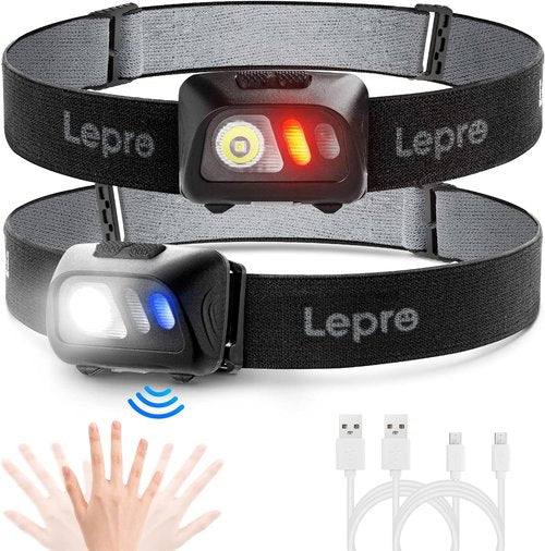 Lepro Rechargeable Headlamp with Motion Sensor - 1500Lux LED & Red Light | 2 Pack for Outdoor Use