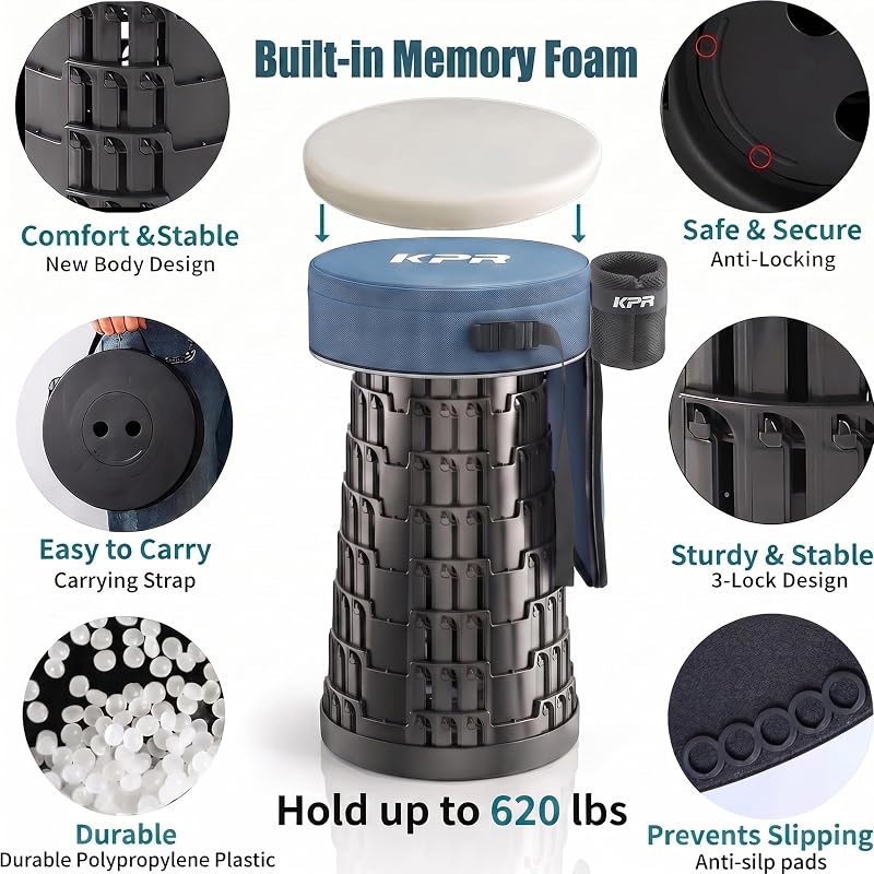 Portable Collapsible Stool with Built-In Memory Foam Cushion, 620 lb Capacity