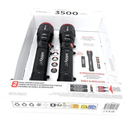 Infinity X1 3500 Lumen Dual Power Flashlight 2-Pack – High-Performance LED, Rechargeable or Alkaline Powered, 4 Light Modes, USB-C Charging, Includes Batteries and Cables