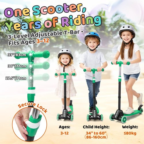 Kick Scooter for Kids Age 3-7 8-12, Light Up 3 Wheeled Scooters,Lean-to-Steer,Three Adjustable Height Scooter for Kids, Foldable,Safe Stable Ride for Girl Boy Kid up to 170 LB - Green