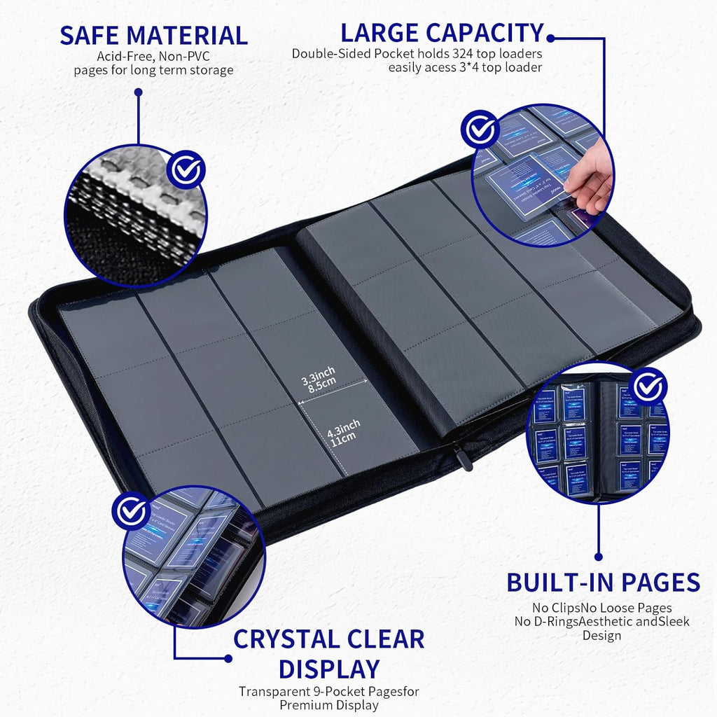 Toploader Binder - Holds 324 Toploaders | Waterproof PU Leather + Anti-Yellowing Inserts | Portable Card Organizer