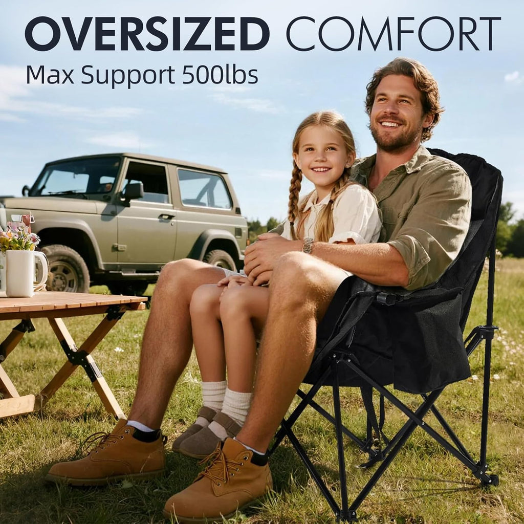 Skiennix Oversized Camping Chair - Heavy Duty Padded Folding Lawn Chair with Cup Holder, Supports 500lbs, Black
