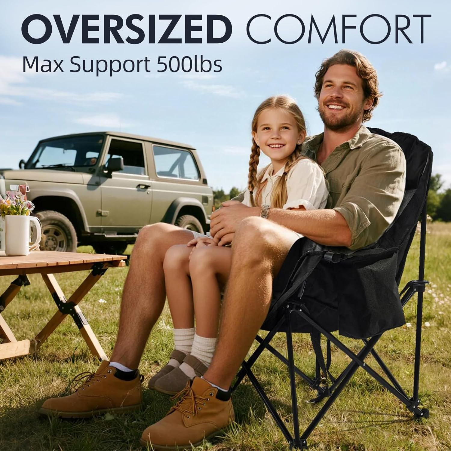 Skiennix Oversized Camping Chair - Heavy Duty Padded Folding Lawn Chair with Cup Holder, Supports 500lbs, Black