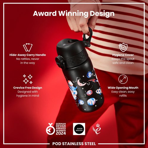 Ion8 Kids Water Bottle, Steel 400 ml/13 oz, Leak Proof, Easy to Open, Secure Lock, Dishwasher Safe, Flip Cover, Carry Handle, Easy Clean, Durable, Scratch Resistant, Raised Print, Space Travel Design