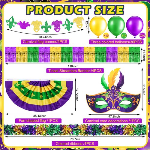 Lunmon 39-41 Pcs Mardi Gras Golf Cart Decoration Kit Purple Green Gold Car Wagon Parade Supplies Tragedy Comedy Mask Garland Decor for Holiday Party Decoration(Mardi Gras)