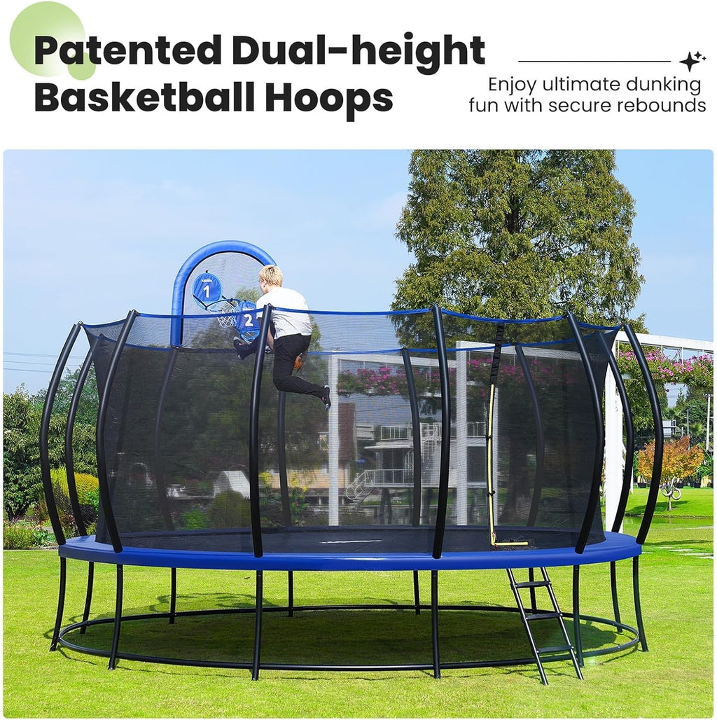 Zupapa 1800LBS Capacity Double Frame Trampoline - 12FT to 16FT | No-Gap Safety Design & Basketball Hoop