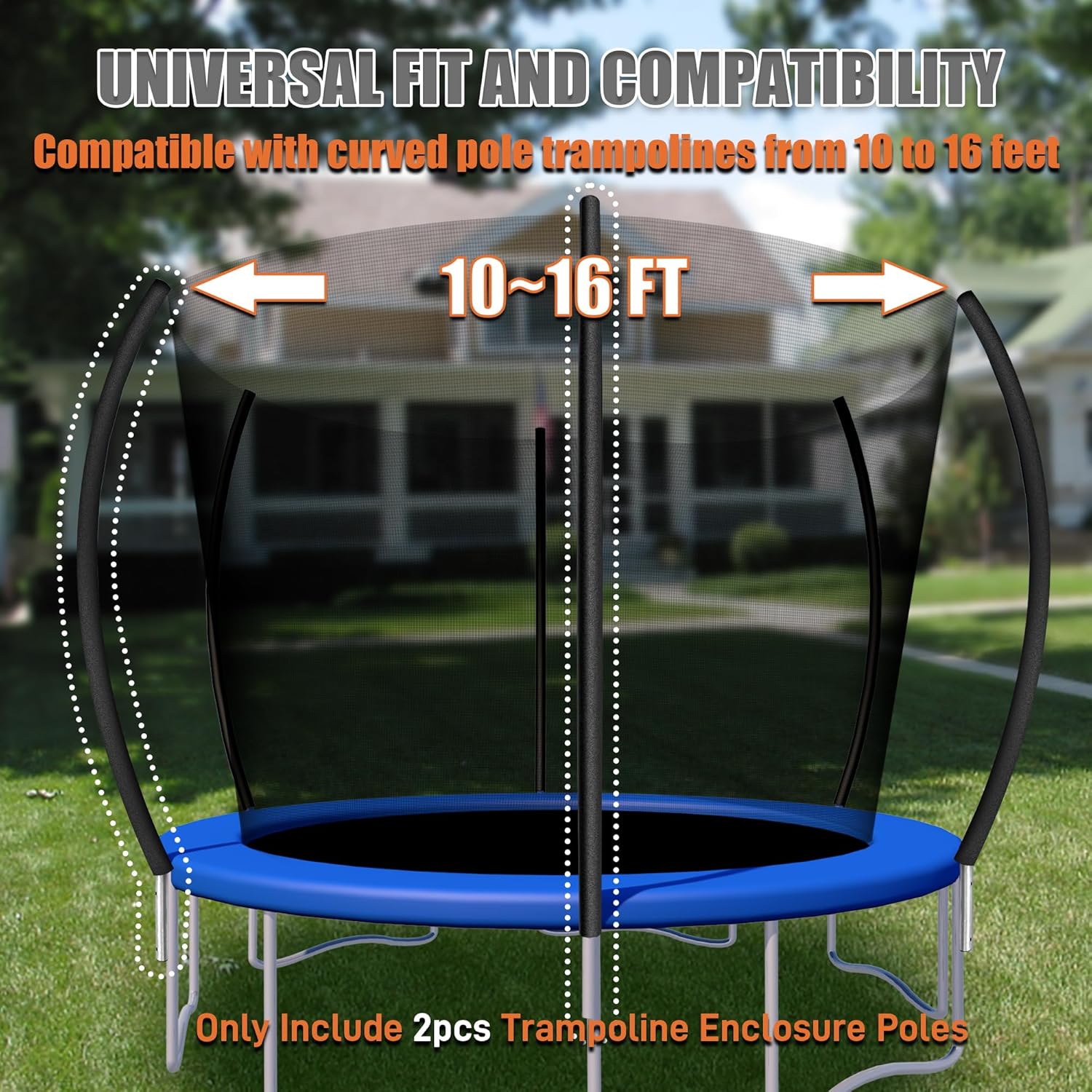 Skiennix Trampoline Curved Poles - Universal Replacement Enclosure for 8-16FT Frames | Foam Sleeve & Hardware Included