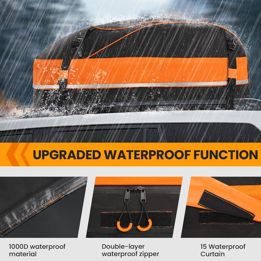 Sailnovo Car Rooftop Cargo Carrier Roof Bag, 15 Cubic Feet Waterproof Rooftop Cargo Carrier Bag, Fit Car with Without Luggage Rack - Cartop Carrier Bag with Tie-Down Strap, Safety Hook