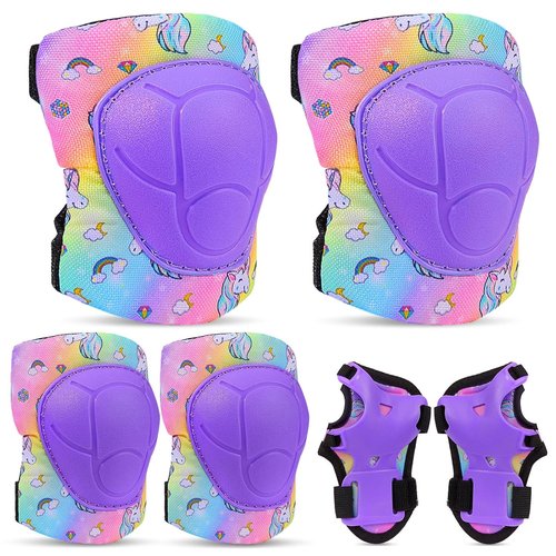 FIODAY Kids Knee Pads Set - Adjustable Protective Gear with Elbow Pads & Wrist Guard | Rainbow Unicorn, Ages 3-8
