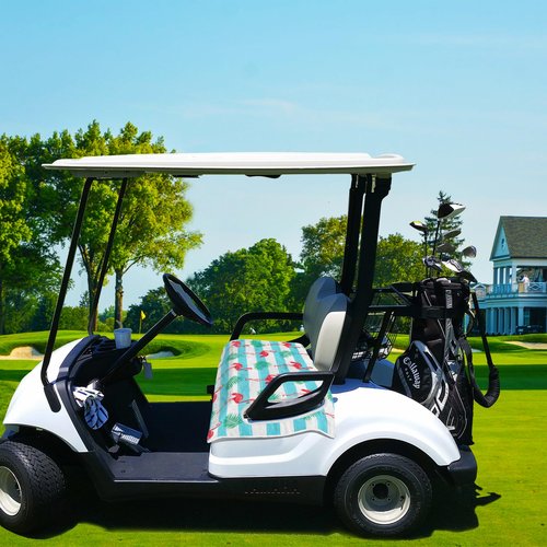 ENYORSEL Tropical Golf Cart Seat Covers, Breathable Microfiber Golf Cart Seat Towel Blanket, Fits Yamaha, EZGO, Club Car, Icon and More 2 & 4 Passenger Carts, 51"x31", Striped Flamingo