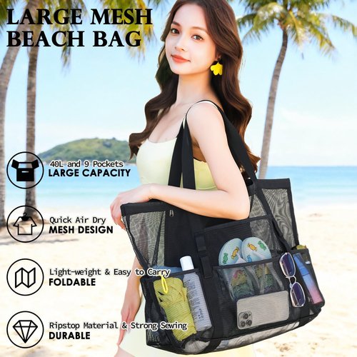 Fammart Mesh Beach Bag - Large Tote with Zipper Pocket for Family Travel & Pool Essentials