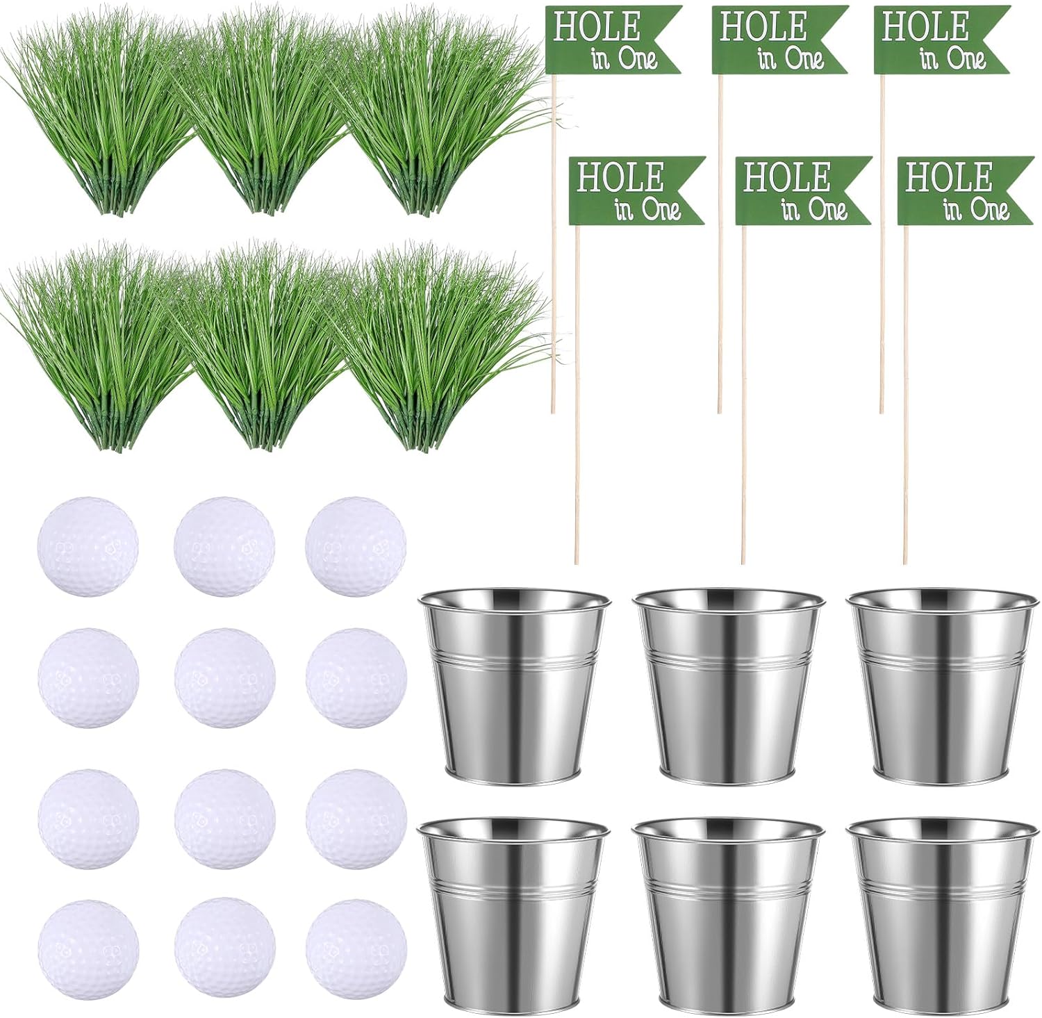 Soulchen Golf Party Table Decorations Kit - 6 Iron Buckets, 12 Mini Golf Balls & 6 Flags | Classic Design
