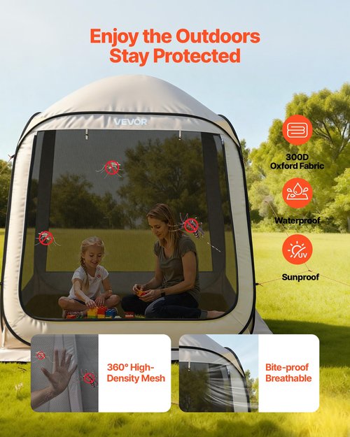 VEVOR 6 x 6 ft Pop up Screen House Tent, 4-6 Person Portable Screen Gazebo, with Carry Bag, Netting Sides & Ground Stakes, Quick Setup, Screened Canopy for Garden, Patio & Backyard, and Outdoor, Beige