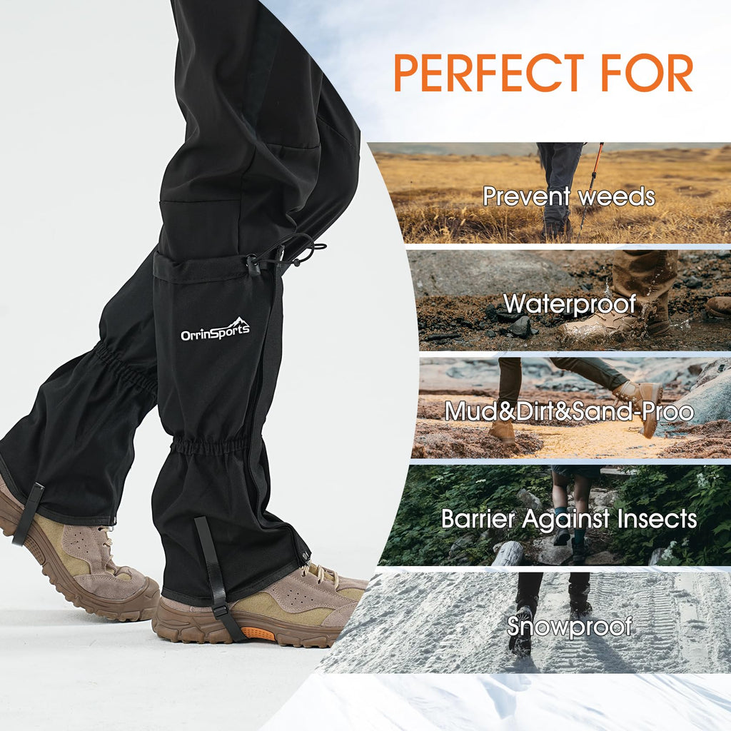 Waterproof Leg Gaiters for Men and Women Adjustable Snow Boot Gaiters for Hiking in Hunting Sand and Mud Mountain Climbing or Snowshoeing (Black L)