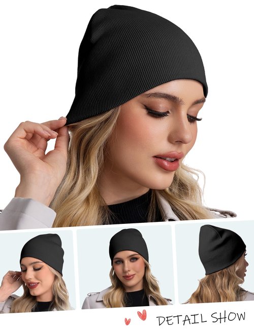 100% Cotton No Cuff Beanie Hat for Men Women, Cuffless Soft Warm Unisex Ribbed Knit Winter Fisherman Skull Cap, Black