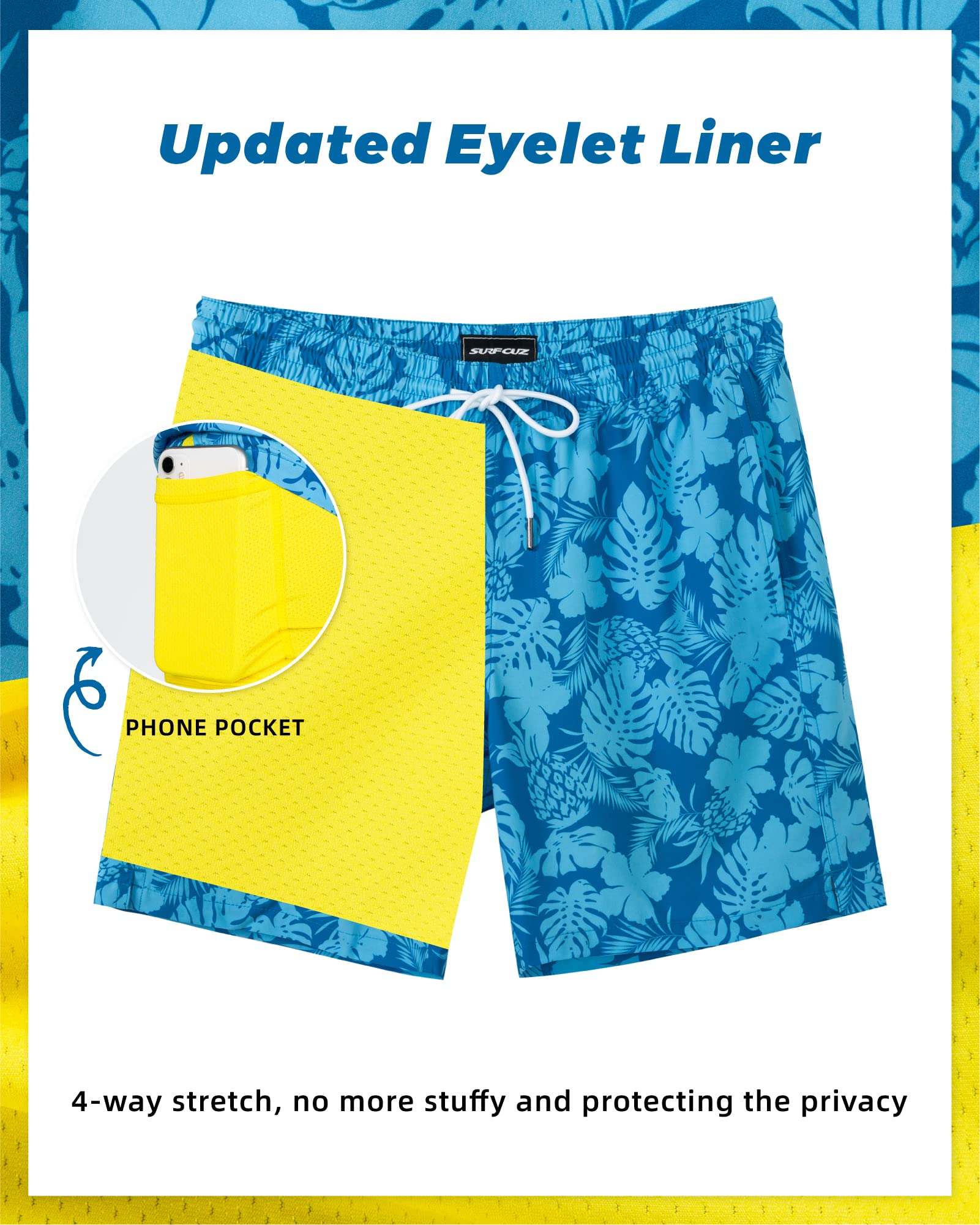 SURF CUZ Mens Swim Trunks with Compression Liner Quick Dry Swim Shorts 7" Swimming Trunks Stretch Zipper Pockets Blue Flower Leaves X X-Large