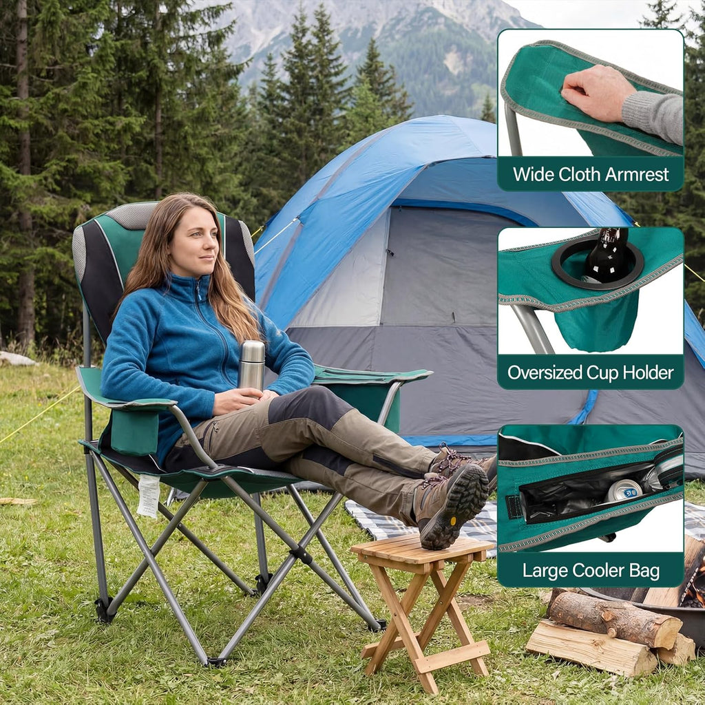 Skiennix Oversized Camping Chairs - Heavy Duty Folding Lawn Chairs with Adjustable Backrest & Cup Holders | Supports 400lbs