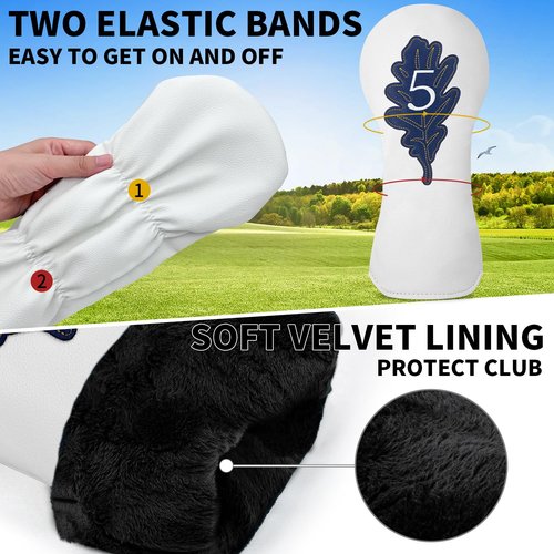 Golf Maple Leaves Head Cover Golf Club White Leather Headcovers Set Fits Driver Fairway Wood Hybrid Utility Putter Iron Wedge Headcover.