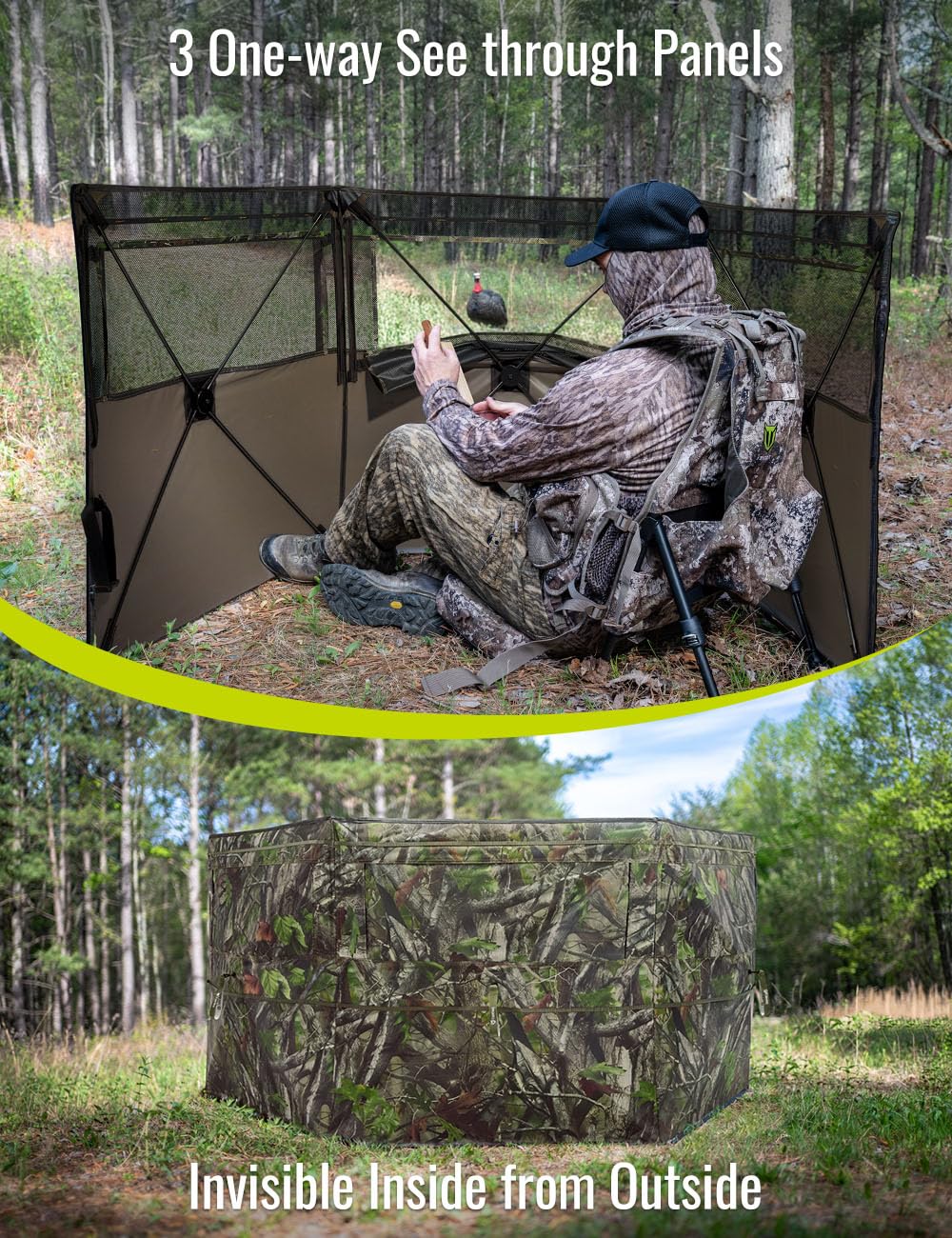 TIDEWE Hunting Blind for Turkey, 3-Panel Blind See Through with Carrying Bag, Silent & Covert Pop Up Ground Blind for 1-2 Person Lightweight Hunting, Next Camo G2 Green, Standard Height (34 in)