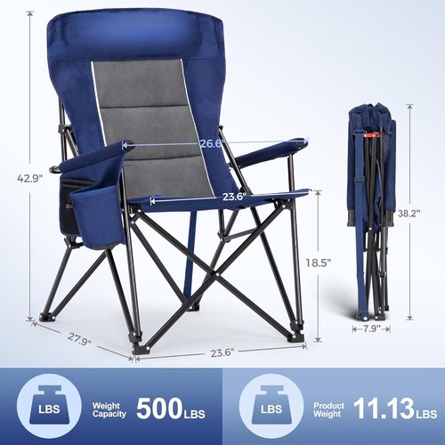 LET'S CAMP Oversized Camping Chairs - Heavy Duty 500LBS Support | Portable Collapsible with Cup Holder & Side Pocket - 2 Pack (Blue)