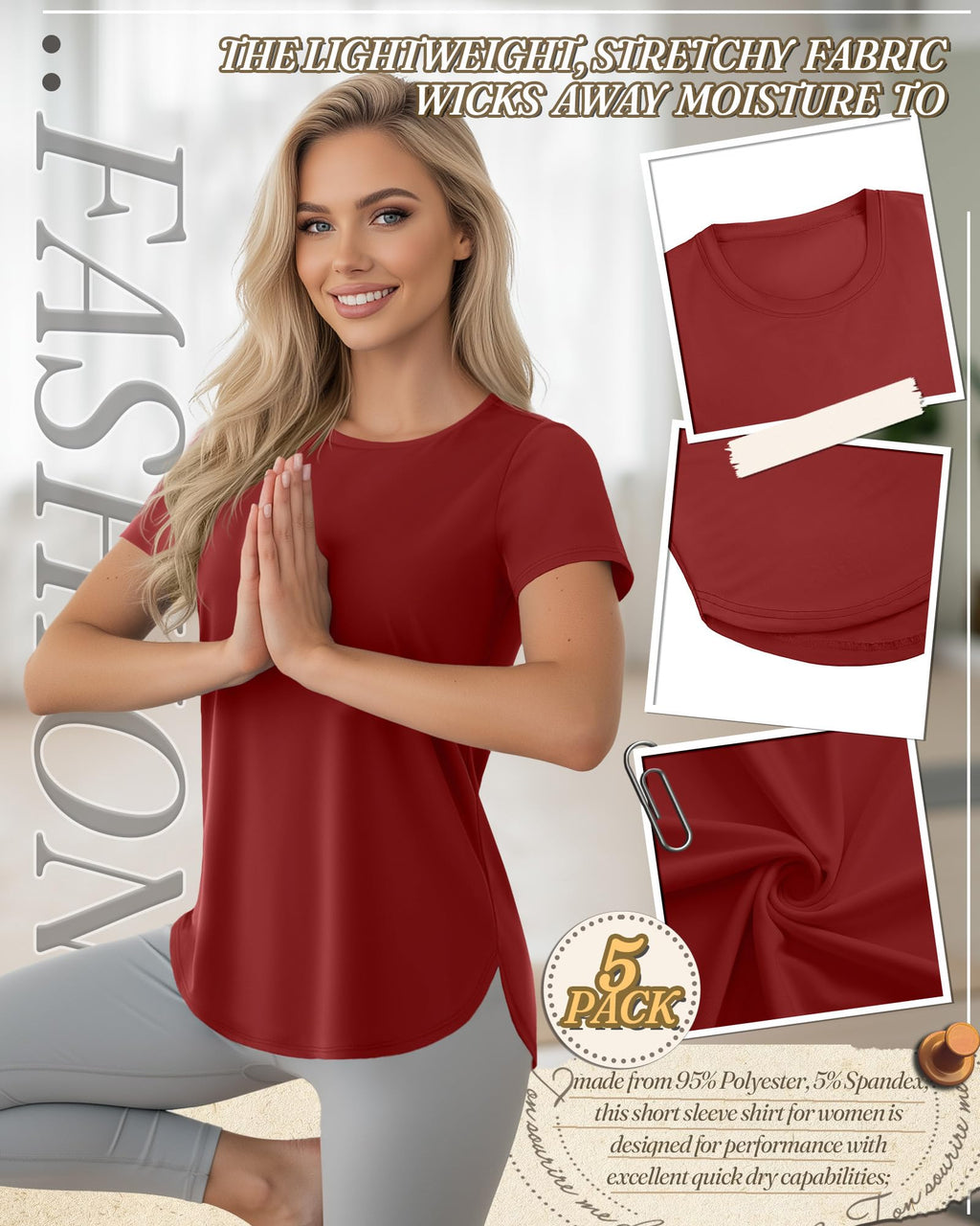 Velvelhall 5 Pack Women's Workout Shirts Athletic Yoga Gym Exercise Tops Quick Dry UPF 50+ Short Sleeve Tee Multipack(X-Large,Black, Gray, White, Navy Blue, Wine Red)